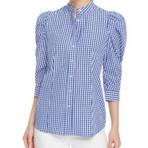 Anne Klein Women's 3/4 Puff Sleeve Button Down Blouse, Blue gingham, Size 10
